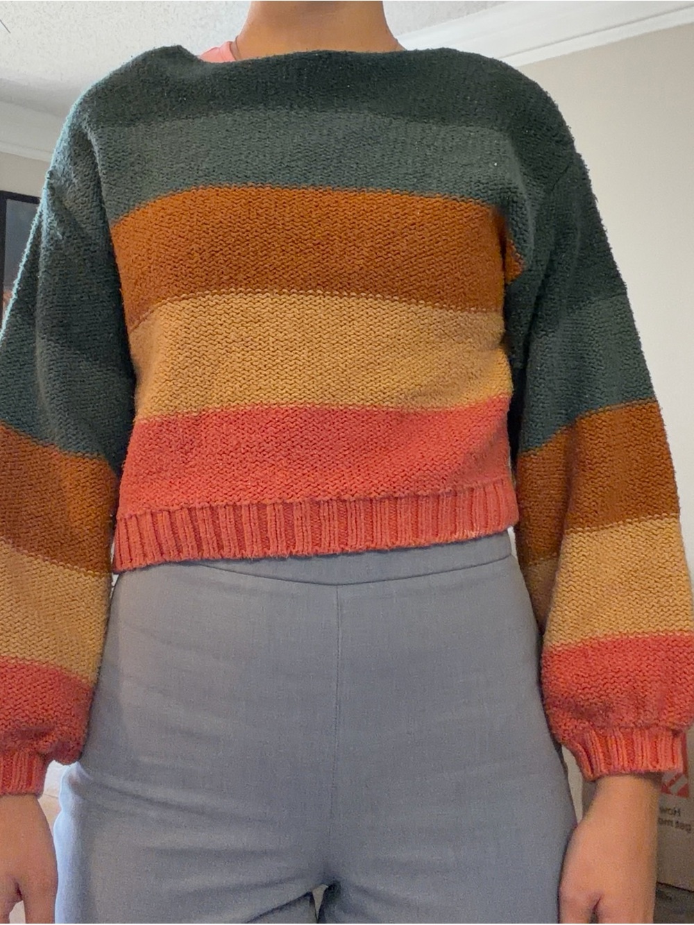 Billabong Striped Cropped Crewneck Sweater in Green, Rust, Cream & Coral